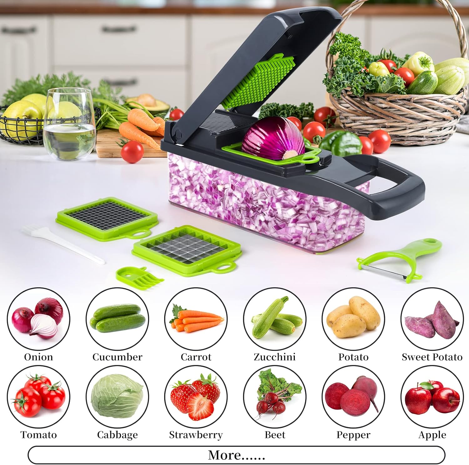 16-in-1 Vegetable Chopper & Slicer – Multi Cutter with Basket & Storage Box