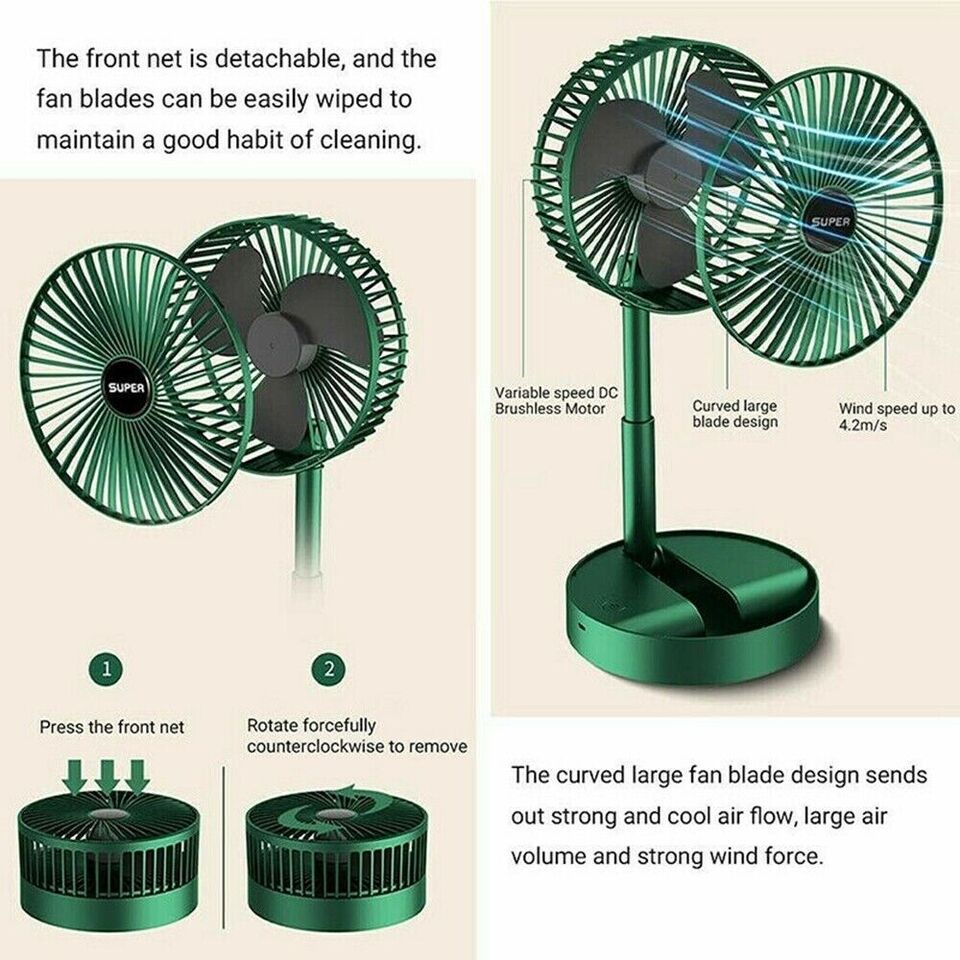 Rechargeable Telescopic Folding Fan – Portable USB Adjustable Desk & Floor Fan