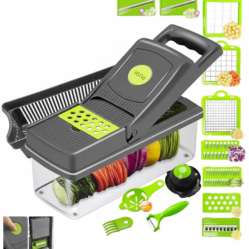 16-in-1 Vegetable Chopper & Slicer – Multi Cutter with Basket & Storage Box